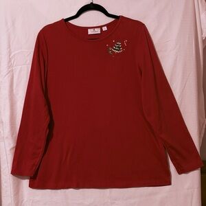 Quacker Factory Women’s Red Long Sleeve Tunic Top with Festive Embroidery & Gems